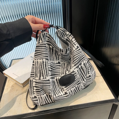 Damen Tote Bag Mit Geometrischem Muster Aus Gewebtem Canvas Große Kapazität Lässige Umhängetasche Moderne Handtasche