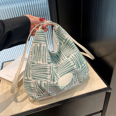 Damen Tote Bag Mit Geometrischem Muster Aus Gewebtem Canvas Große Kapazität Lässige Umhängetasche Moderne Handtasche