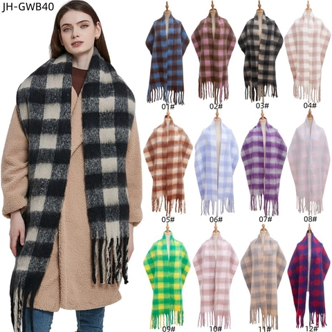 Écharpe d'Hiver Épaisse à Carreaux pour Femmes Châle Long à Franges Chaud Chauffe-nuque en Polyester Accessoire de Mode