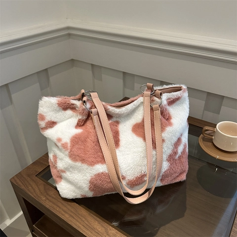 Cow Print Plush Tote Bag Faux Fur Large Capacity Shoulder Bag With PU Leather Straps Casual Winter Handbag For Women