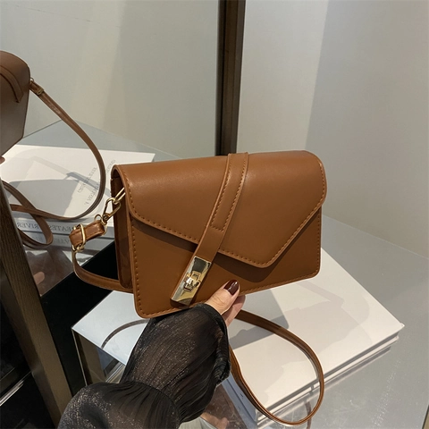 PU Leather Crossbody Bag Geometric Flap Gold Lock Small Square Shoulder Bag For Women Modern Minimalist Vintage Style