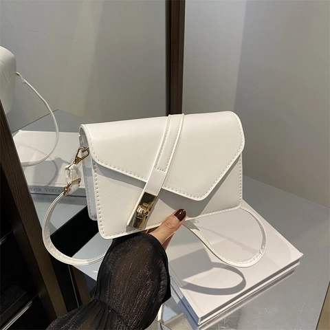 PU Leather Crossbody Bag Geometric Flap Gold Lock Small Square Shoulder Bag For Women Modern Minimalist Vintage Style