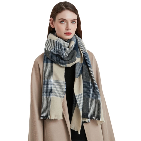Écharpe D'Hiver À Carreaux Pour Femmes Épais Doux Chaud Châle À Carreaux Avec Glands Chauffe-Cou Élégant Bleu Marine Gris