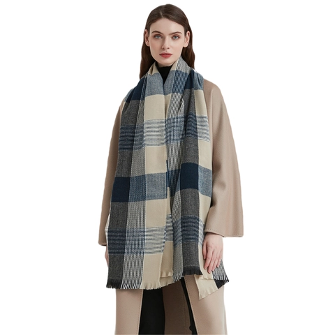 Écharpe D'Hiver À Carreaux Pour Femmes Épais Doux Chaud Châle À Carreaux Avec Glands Chauffe-Cou Élégant Bleu Marine Gris
