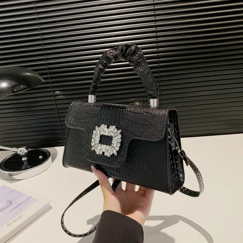 Women Handbag Crocodile Pattern PU Leather Rhinestone Buckle Square Crossbody Bag With Pleated Handle Small Purse