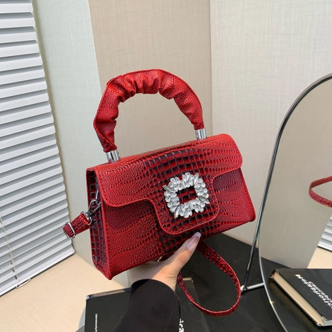 Sac Carré Motif Crocodile pour Femmes Avec Boucle en Strass Poignée à Fronces Sac à Main Élégant en PU