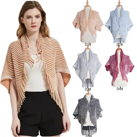 Poncho Sciarpa In Maglia A Righe Da Donna Con Frange Manica A Pipistrello Acrilico Caldo Inverno