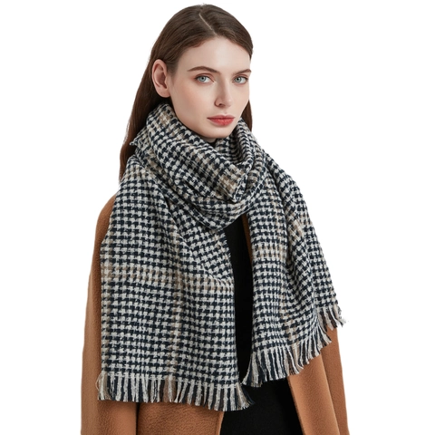Houndstooth Pattern Long Scarf Polyester Thick Warm Winter Neck Warmer With Tassels Vintage British Style For Women
