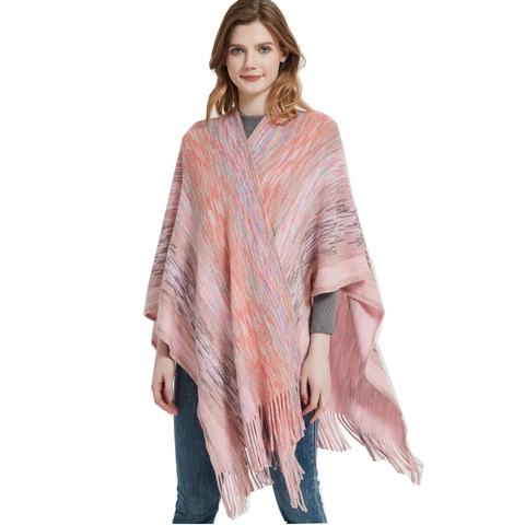 Scialle in Maglia Sfumata da Donna Poncho con Nappe in Acrilico Mantella Invernale Calda Avvolgente Cardigan a Righe Boho