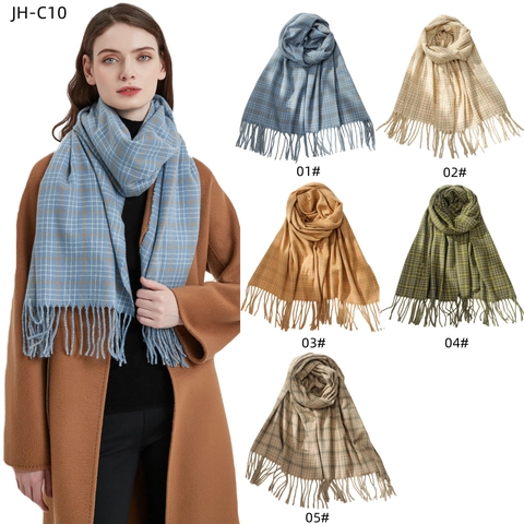 Winter Scarf Women Long Polyester Plaid Pattern Tassel Trim Warm Soft Fashion Wrap Preppy Style