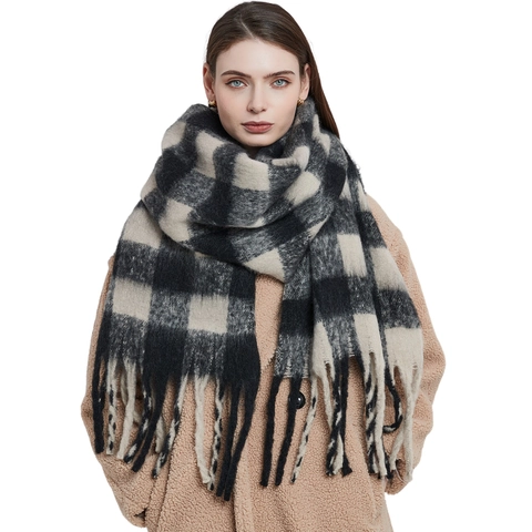 Écharpe d'Hiver Épaisse à Carreaux pour Femmes Châle Long à Franges Chaud Chauffe-nuque en Polyester Accessoire de Mode