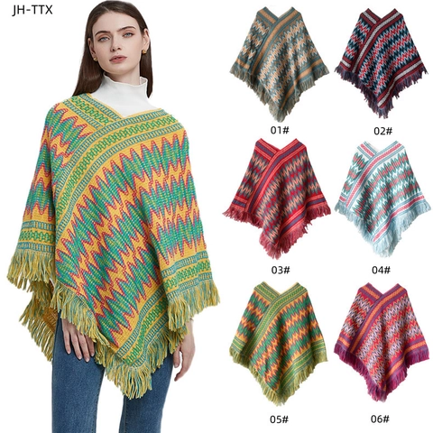 Poncho In Maglia Da Donna Scialle Acrilico Caldo Bohemien Etnico Motivo Zigzag Nappe Frange Mantella Invernale