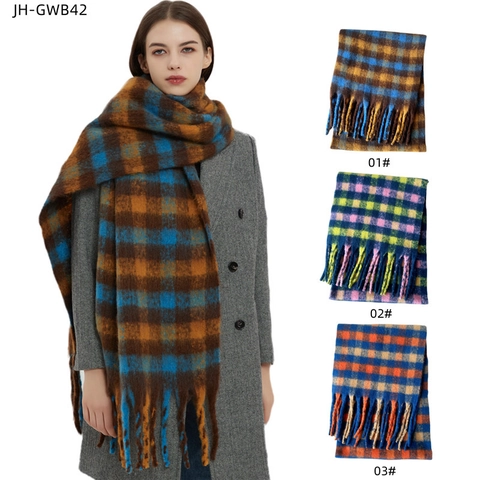 Écharpe Épaisse à Carreaux d'Hiver pour Femmes en Faux Mohair Grand Châle Écossais Avec Long Gland Chaud Mode Polyester