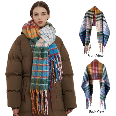 Écharpe À Carreaux Arc-En-Ciel En Faux Mohair Épais Châle Chaud D'Hiver Avec Grosses Franges Pour Femmes