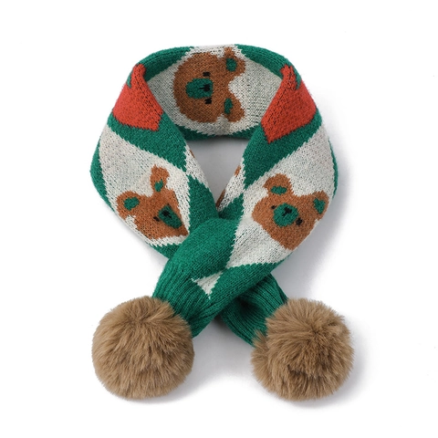 Kids Knitted Scarf Cartoon Bear Rabbit Winter Warm Pull Through Neck Warmer With Faux Fur Pom Poms Acrylic