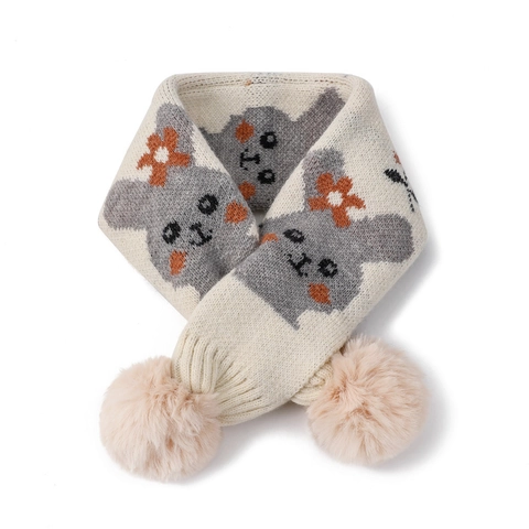 Kids Knitted Scarf Cartoon Bear Rabbit Winter Warm Pull Through Neck Warmer With Faux Fur Pom Poms Acrylic