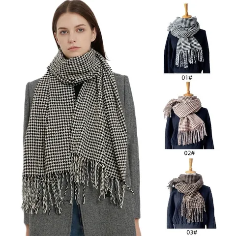 Écharpe Pied De Poule Classique Femmes Épais Chaud Hiver Long Châle Avec Glands Polyester Vintage Wrap