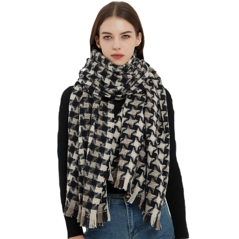 Houndstooth Pattern Winter Scarf Shawl Thick Warm Polyester Imitation Cashmere Plaid With Tassels For Women
