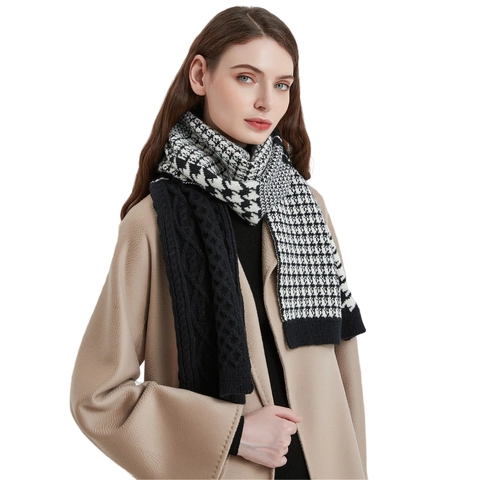 Unisex Knit Houndstooth Scarf Winter Warm Acrylic Patchwork Cable Knit Soft Long Warp Knit Scarf Fashion Neck Warmer Accessory