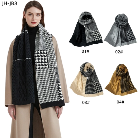 Unisex Knit Houndstooth Scarf Winter Warm Acrylic Patchwork Cable Knit Soft Long Warp Knit Scarf Fashion Neck Warmer Accessory