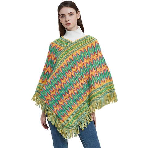 Poncho In Maglia Da Donna Scialle Acrilico Caldo Bohemien Etnico Motivo Zigzag Nappe Frange Mantella Invernale
