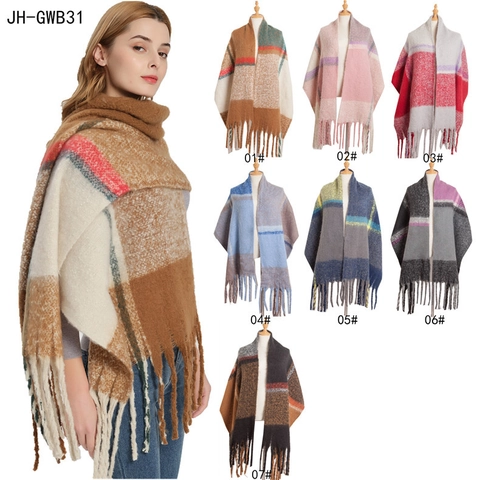 Winter Plaid Scarf Shawl Faux Mohair Polyester Boucle Yarn Oversized Thick Warm Long Tassels Retro For Women