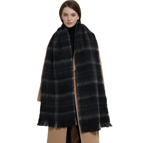 Écharpe Châle À Carreaux Polyester Doux Épais Chaud Hiver Plaid Avec Glands Chic Élégant Pour Femmes