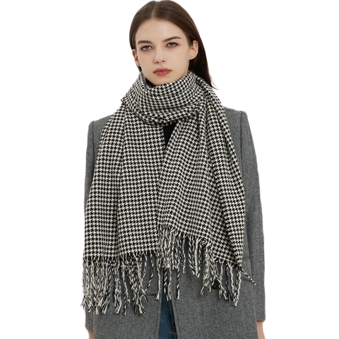 Écharpe Pied De Poule Classique Femmes Épais Chaud Hiver Long Châle Avec Glands Polyester Vintage Wrap