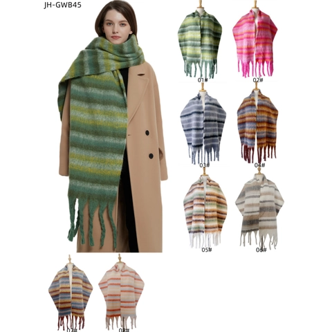 Sciarpa Invernale Lunga A Righe Spessa Calda Poliestere Spazzolato Finto Mohair Scialle Con Lunghe Nappe Avvolgente Chic