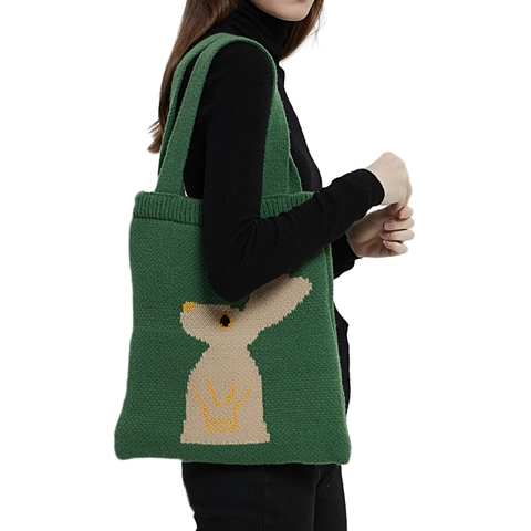 Sac Fourre-Tout En Tricot Fibre Acrylique Motif Lapin Sac À Épaule Décontracté Pour Femmes