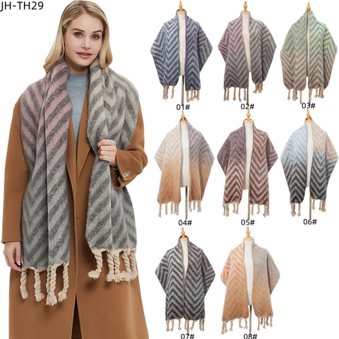 Sciarpa Invernale Calda E Pesante Per Donna Imitazione Mohair Motivo A Zig Zag Grande Scialle Con Nappe Grosse