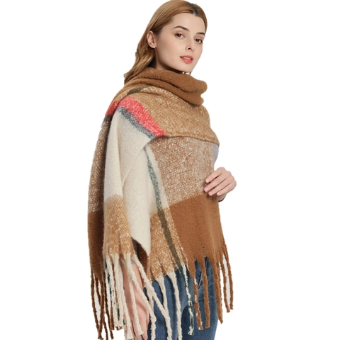 Winter Plaid Scarf Shawl Faux Mohair Polyester Boucle Yarn Oversized Thick Warm Long Tassels Retro For Women