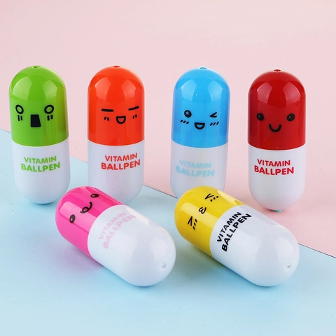 Capsule Ballpoint Pen Plastic Retractable Portable Mini Cute Colorful Cartoon Emoji Vitamin Pill Shape Student Gift