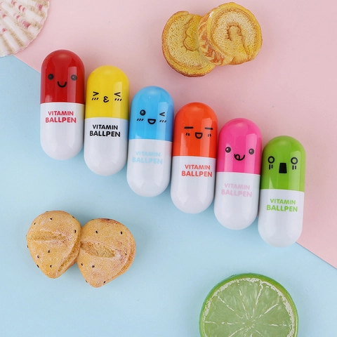 Capsule Ballpoint Pen Plastic Retractable Portable Mini Cute Colorful Cartoon Emoji Vitamin Pill Shape Student Gift