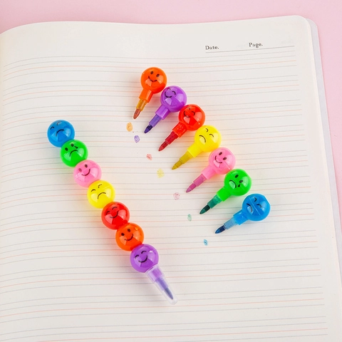 Kids Cartoon Smiley Face Stackable Multicolor Crayon And Pencil Set Novelty Rainbow Expression Building Block Writing Stationery