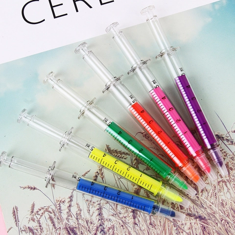 Syringe Highlighter Pens Creative Needle Shape Multi Color Chisel Tip Novelty Plastic Stationery Markers For Students