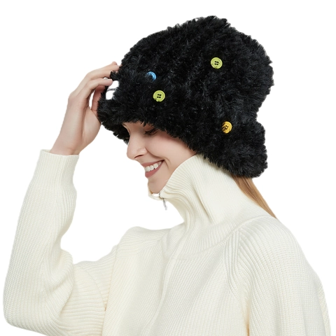 Winter Plush Hat And Scarf For Women Faux Fur Warm Thick With Colorful Buttons Outdoor Ear Protection Fashion