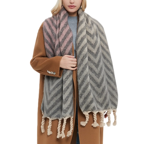Sciarpa Invernale Calda E Pesante Per Donna Imitazione Mohair Motivo A Zig Zag Grande Scialle Con Nappe Grosse