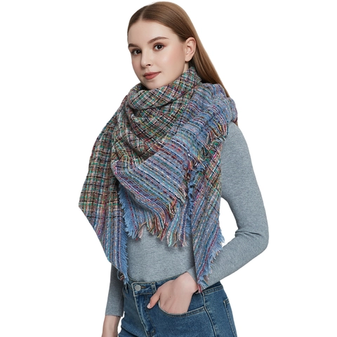 Women Plaid Scarf Shawl Polyester Tweed Multicolor Check Warm Winter Wrap With Fringe Fashion Elegant Accessories