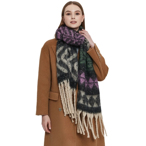 Bufanda de Invierno Gruesa para Mujer Jacquard Geométrico Con Borlas Largas Chal de Poliéster Cálido Retro Bufanda de Manta Suave
