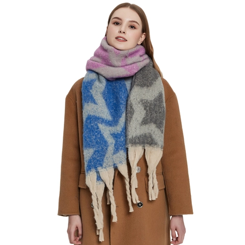 Women Winter Thick Scarf Polyester Star Pattern Jacquard Patchwork Tassel Warm Shawl Wrap Accessories Fashion Cozy Scarf