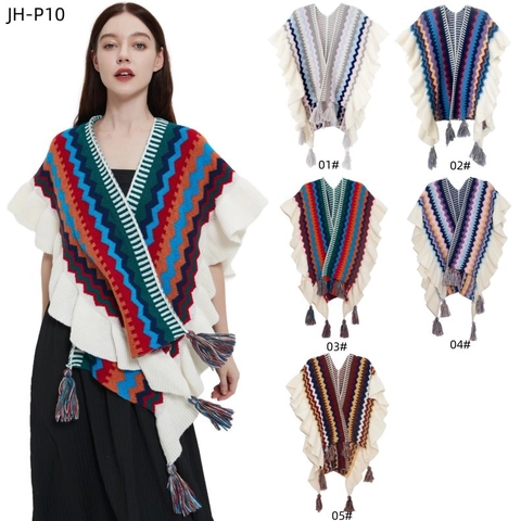 Poncho In Maglia Da Donna Scialle Bohemien Etnico Motivo Zigzag Bordo Con Volant Nappa Retro Inverno Caldo Avvolgente