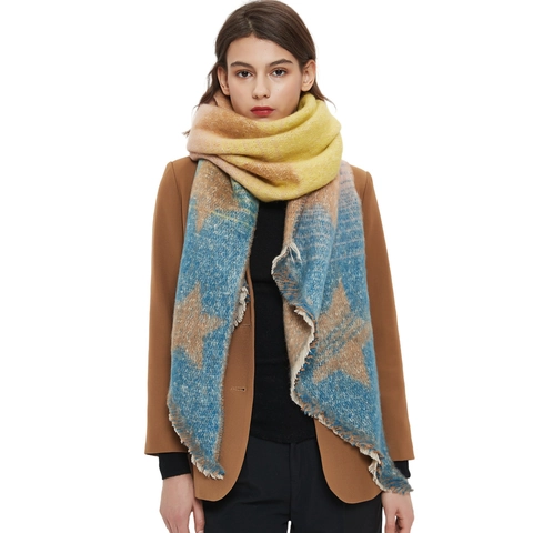 Women Winter Scarf Shawl Star Pattern Color Block Jacquard Warm Polyester Imitation Cashmere Frayed Edges Pashmina Wrap