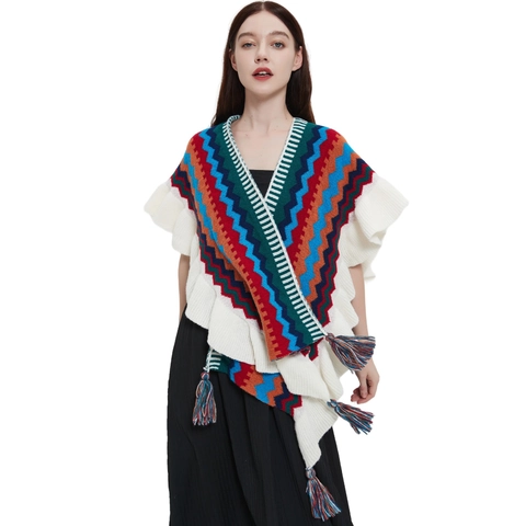 Poncho In Maglia Da Donna Scialle Bohemien Etnico Motivo Zigzag Bordo Con Volant Nappa Retro Inverno Caldo Avvolgente