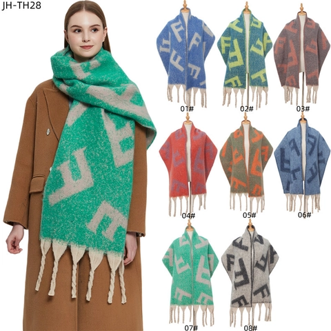 Women Winter Scarf Shawl Thickened Warm Polyester Knit Boucle Yarn Jacquard Tassel Pashmina Wrap