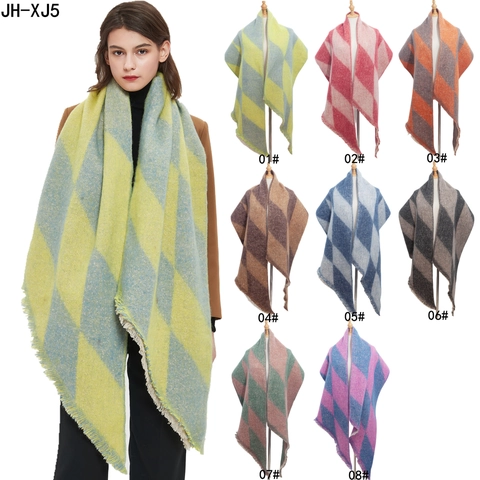 Women Long Scarf Shawl Soft Imitation Cashmere Boucle Yarn Geometric Plaid Argyle Star Pattern Warm Tassel Fringed Neck Wrap Winter Fashion Accessories