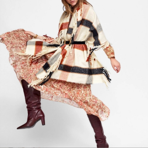 Women Winter Scarf Plaid Thick Warm Shawl Wrap With Long Tassels Polyester Bohemian Style
