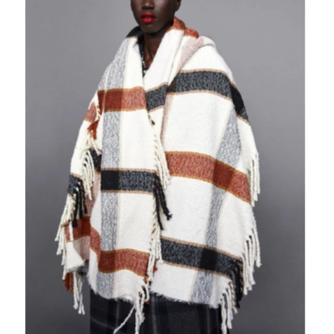 Women Winter Scarf Plaid Thick Warm Shawl Wrap With Long Tassels Polyester Bohemian Style