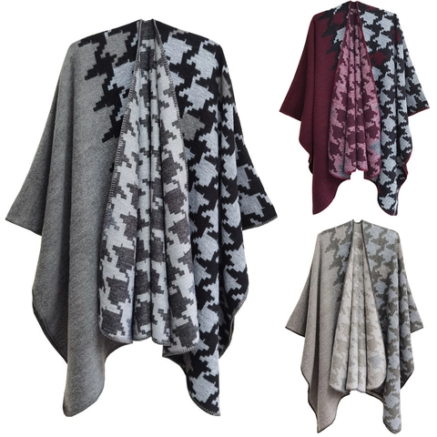 Poncho Châle Femme Pied De Poule Jacquard Ouvert Devant Color Block Épais Chaud Acrylique Cape Hiver Automne