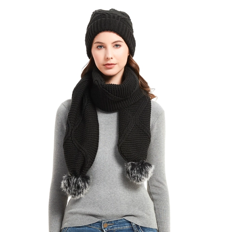 Damen Winter Strickmütze Und Schal Mit Kunstfell Bommel Acryl Warm Dick Einfarbig Outdoor Halswärmer Beanie